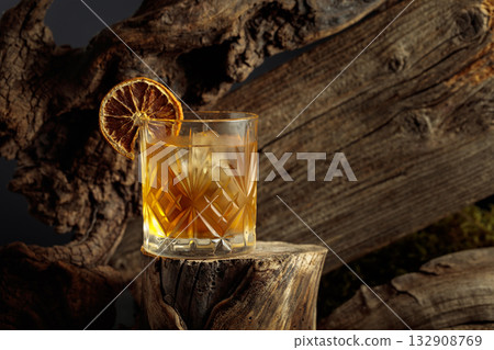 Old-fashioned cocktail with ice and dried orange slice. 132908769