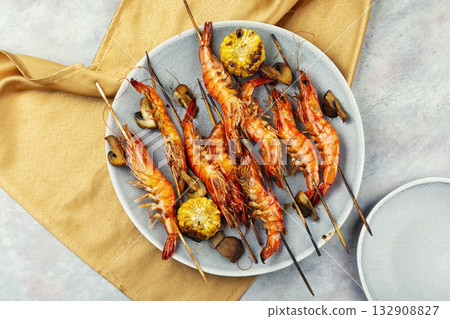 Spiced langoustines prawns and seafood, overhead view. Spiced langoustines prawns and seafood, overhead view. 132908827