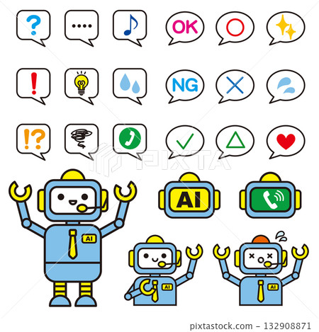 簡單的線條畫AI機器人和各種情緒對話框圖示（彩色） 132908871