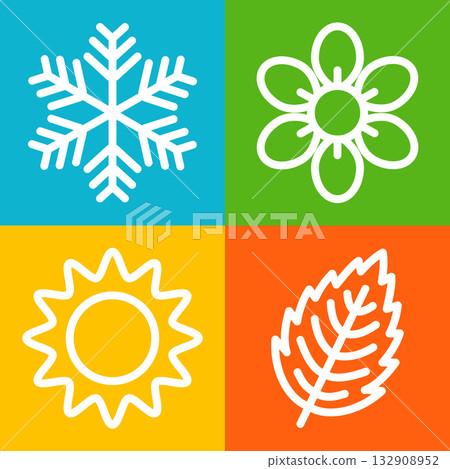 Four seasons vector icons with sun, flower, leaf and snowflake. Colorful symbols of summer, spring, autumn and winter in simple flat style. 132908952
