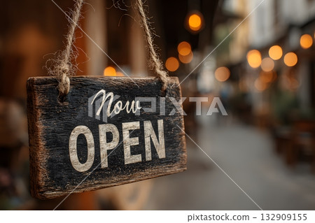 A rustic wooden sign hangs to welcome everyone, showing the words Now Open in bold white letters. 132909155