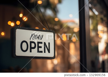 A sign shows the message now open for business. 132909156