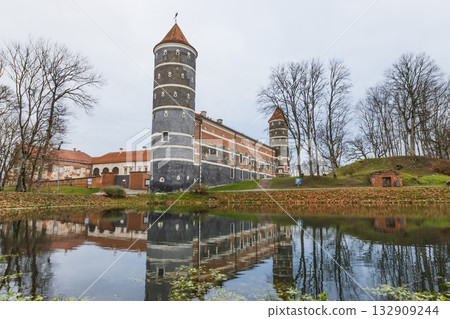 Panemunes Castle in Lithuania with Tower Reflections in Moat 132909244