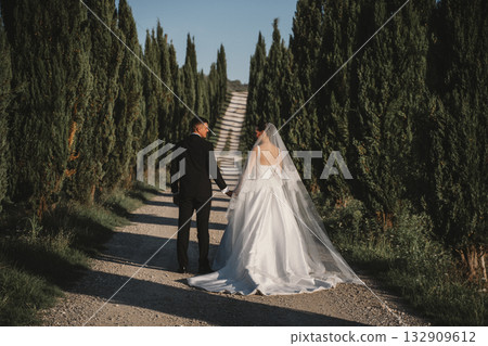Bride and Groom Walking Down Cypress Path 132909612