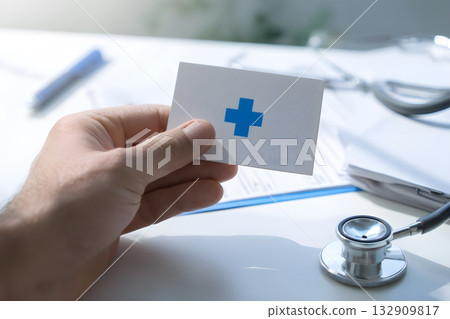 Hand holds card with blue medical cross symbol near stethoscope in healthcare office. 132909817