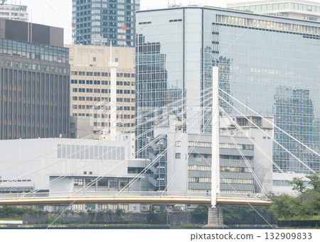 A modern cable-stayed bridge with city buildings in the background A modern cable-stayed bridge with city buildings in the background 132909833