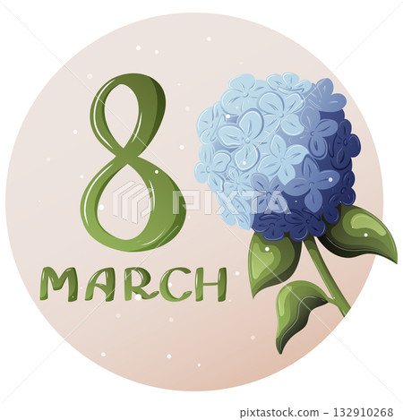 Elegant round greeting card with blue hydrangea flower and green lettering 8 March 132910268