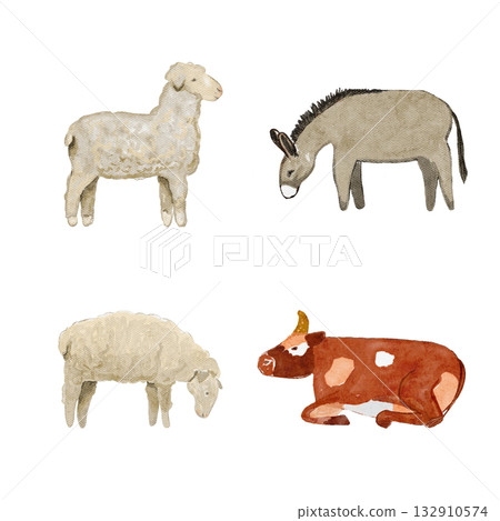 Cow, donkey, two sheep. Watercolor farm animals set isolated on white background. Ideal for Christmas nativity scenes, childrens books, or farm themed designs, cards, banners web and printed design Cow, donkey, two sheep. Watercolor farm animals set isolated on white background. Ideal for Christmas nativity scenes, childrens books, or farm themed designs, cards, banners web and printed design 132910574