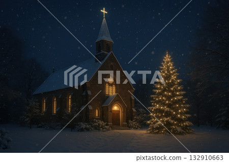 Snowy Church and Holy Night Snowy Church and Holy Night 132910663