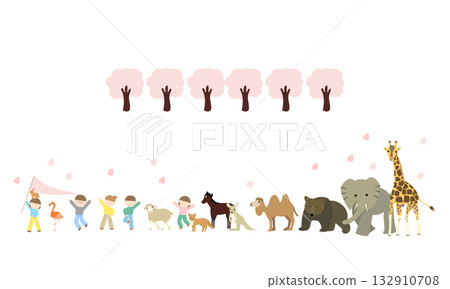 Spring illustration of children and animals standing side by side 132910708