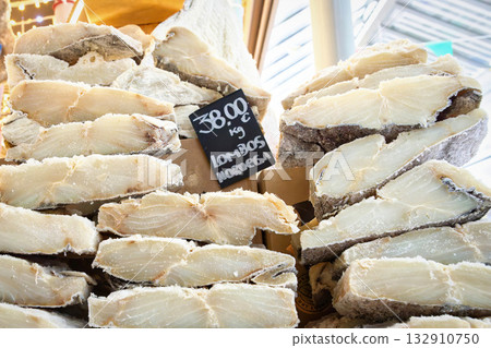 A large stack of premium, thick-cut, salted and dried codfish (Bacalhau) 132910750
