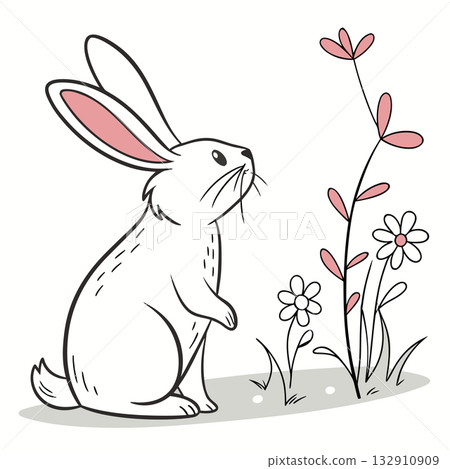 Cute Bunny Illustration with Flowers in Spring Setting Cute Bunny Illustration with Flowers in Spring Setting 132910909