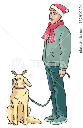 Man and Dog Wearing Christmas Holiday Accessories, man in  red hat and dog with deer antlers 132910994