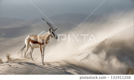 An elegant antelope stands on a windy desert dune, wildlife in the harsh landscape of a sandstorm 132911208