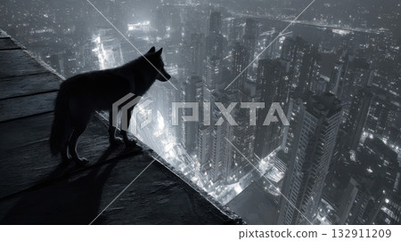 A lone wolf stands on the edge of a skyscraper and looks at the futuristic city at night, cyberpunk urban scene A lone wolf stands on the edge of a skyscraper and looks at the futuristic city at night, cyberpunk urban scene 132911209