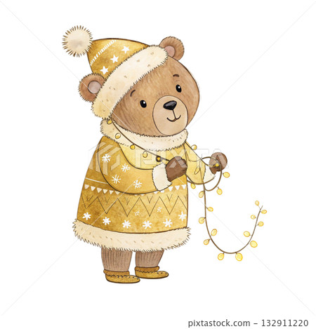 adorable watercolor bear in a gold and cream Christmas outfit adorable watercolor bear in a gold and cream Christmas outfit 132911220