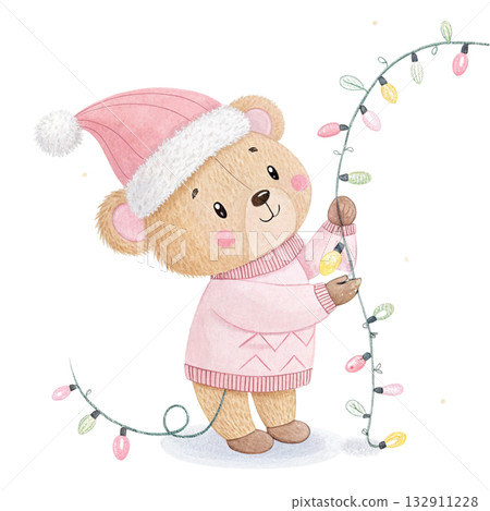 adorable watercolor bear in a gold and cream Christmas outfit 132911228
