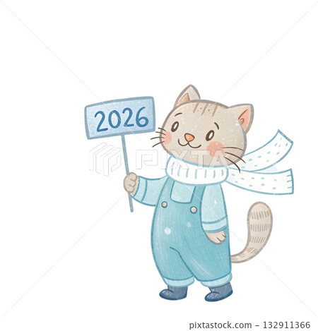cat wearing orange overalls and a cream checkered shirt holding a wooden sign that says 2026 132911366