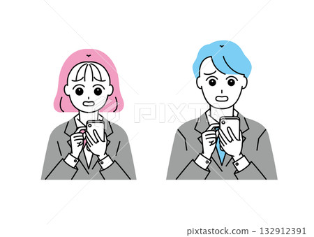 一組插圖，描繪了一群神情憂慮地看著智慧型手機的男女學生。 132912391