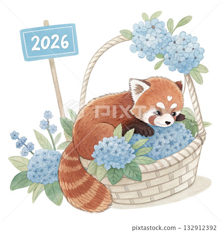 red panda peacefully sleeping in a simple wicker basket pastel sign with 2026 132912392
