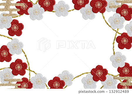 [Plum and cloud frame] Hand-embroidered illustration material 132912489
