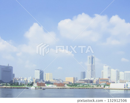 從海上拍攝的橫濱港未來城市景觀。像素藝術風格照片。 132912506