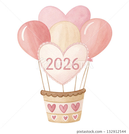 watercolor artwork of heart balloon basket baby pink and cream color palette text 2026  132912544