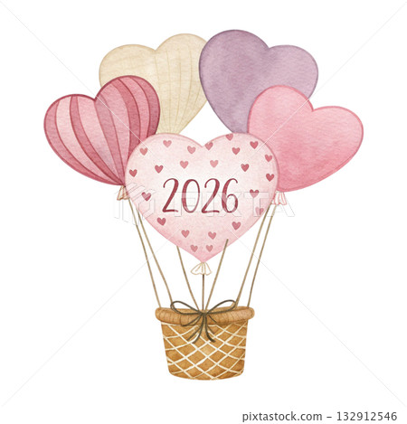 watercolor artwork of heart balloon basket baby pink and cream color palette text 2026  132912546