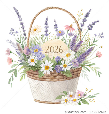 watercolor illustration of the world most beautiful flower basket mix of pastel blooms minimal composition 2026 132912604