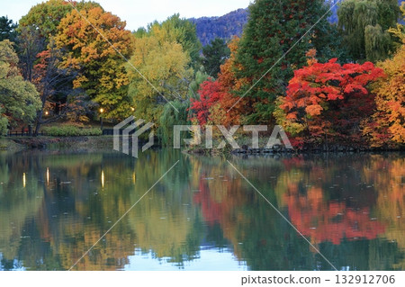 A pond where autumn leaves are reflected A pond where autumn leaves are reflected 132912706