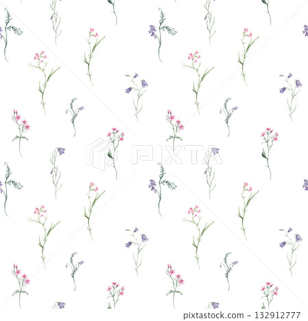 Watercolor seamless pattern white background - illustration with green leaves, pink blue purple buds and branches. Wildfield herbs flowers. Wedding invites, fashion, prints, backgrounds. Wildflowers 132912777