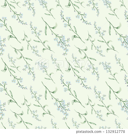 Watercolor seamless pattern with illustration green leaves and light blue forget-me-nots. Wildflowers herbs flowers. Wedding invites, fashion, prints, backgrounds. Mono floral pattern Watercolor seamless pattern with illustration green leaves and light blue forget-me-nots. Wildflowers herbs flowers. Wedding invites, fashion, prints, backgrounds. Mono floral pattern 132912778