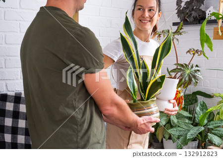 A husband gives his wife a potted plant for a hobby A husband gives his wife a potted plant for a hobby 132912823