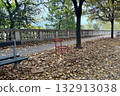 A red chair (with its seat removed) abandoned in an alley outside the Parc des Buttes Chaumont in the 19th arrondissement of Paris in autumn. 132913038