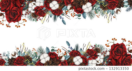 Hand drawn Christmas border with red roses, fir cones, cotton, red, blue berries. Watercolor illustration. Hand drawn Christmas border with red roses, fir cones, cotton, red, blue berries. Watercolor illustration. 132913350