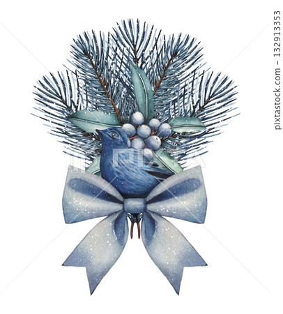 Hand drawn bouquet with Mahonia aquifolium with blue berries, blue bird, blue bow, spruce branches. Watercolor illustration. Hand drawn bouquet with Mahonia aquifolium with blue berries, blue bird, blue bow, spruce branches. Watercolor illustration. 132913353