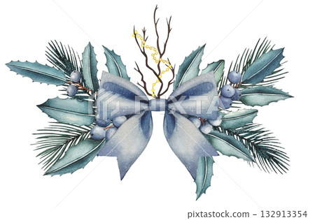 Hand drawn Christmas bouquet with blue berries, holly leaves, blue bow, and fir branches. Watercolor illustration. Hand drawn Christmas bouquet with blue berries, holly leaves, blue bow, and fir branches. Watercolor illustration. 132913354