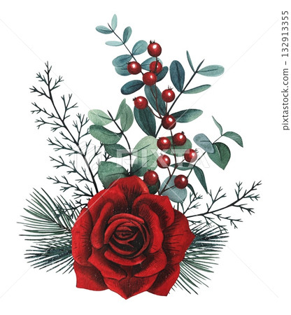 Hand drawn Christmas bouquet with red rose, eacalyptus, spruce branches, red berries. Watercolor illustration. Hand drawn Christmas bouquet with red rose, eacalyptus, spruce branches, red berries. Watercolor illustration. 132913355