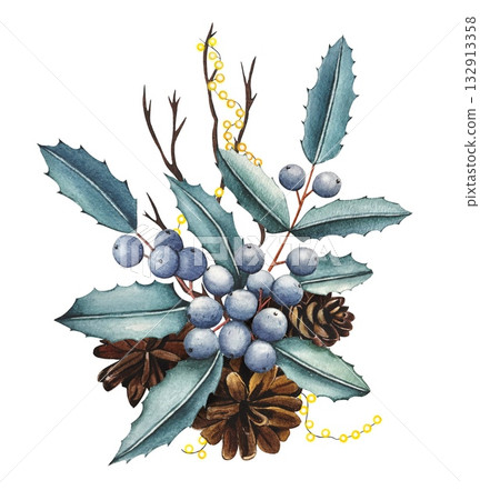 Hand drawn bouquet with Mahonia aquifolium with blue berries, fir cones, branches. Watercolor illustration. Hand drawn bouquet with Mahonia aquifolium with blue berries, fir cones, branches. Watercolor illustration. 132913358