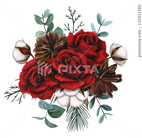 Hand drawn Christmas bouquet with red roses, fir cones, eucalyptus, cotton. Watercolor illustration. 132913360
