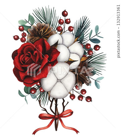 Hand drawn Christmas bouquet with red roses, fir cones, eucalyptus, cotton, red berries, red bow. Watercolor illustration. 132913361