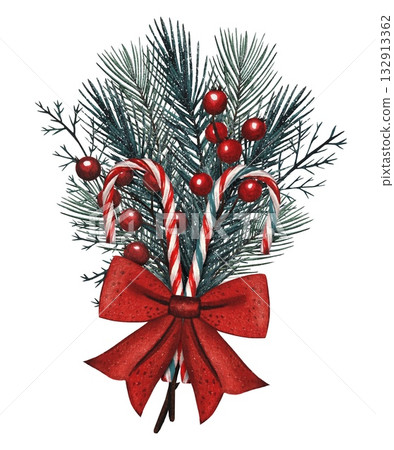 Hand drawn Christmas bouquet with red berries, candy cane, red bow, fir branches. Watercolor illustration. Hand drawn Christmas bouquet with red berries, candy cane, red bow, fir branches. Watercolor illustration. 132913362