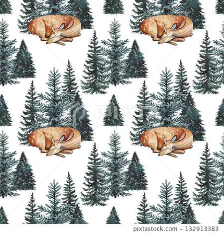 Hand drawn Christmas seamless pattern with deer, snowy trees. Watercolor illustration. Hand drawn Christmas seamless pattern with deer, snowy trees. Watercolor illustration. 132913383