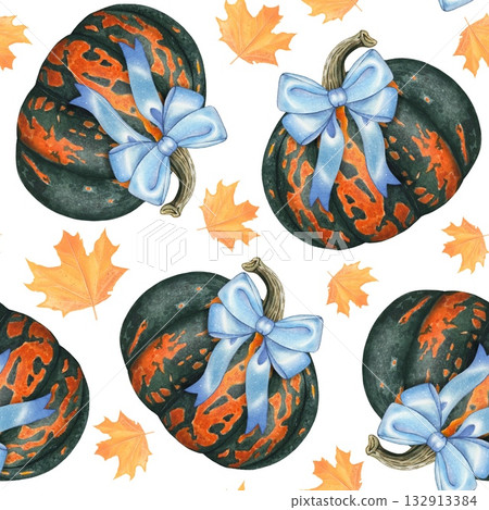 Hand drawn autumn seamless pattern with  pumpkins, blue bows, autumn leaves. Watercolor 132913384
