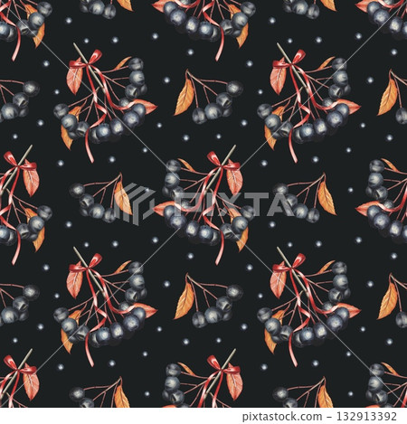 Hand drawn seamless pattern with chokeberries and bows on a dark background. Watercolor illustration. Hand drawn seamless pattern with chokeberries and bows on a dark background. Watercolor illustration. 132913392