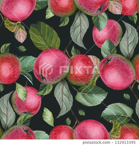 Hand drawn seamless pattern with ripe red apples, leaves on a dark background. Watercolor illustration. Hand drawn seamless pattern with ripe red apples, leaves on a dark background. Watercolor illustration. 132913395