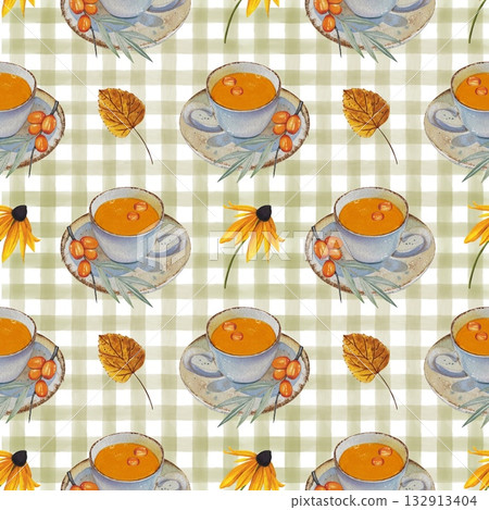Hand drawn autumn seamless pattern with sea buckthorn tea, autumn flowers and leaves. Watercolor 132913404