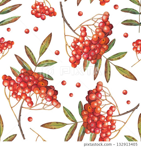 Hand drawn seamless pattern with rowan berry branches. Watercolor illustration. 132913405