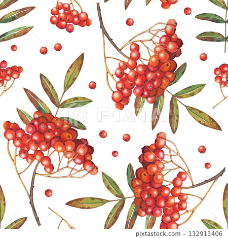 Hand drawn seamless pattern with rowan berry branches. Watercolor illustration. 132913406