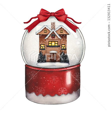 Hand drawn red snow globe with winter house, red bow. Christmas watercolor illustration. Hand drawn red snow globe with winter house, red bow. Christmas watercolor illustration. 132913411